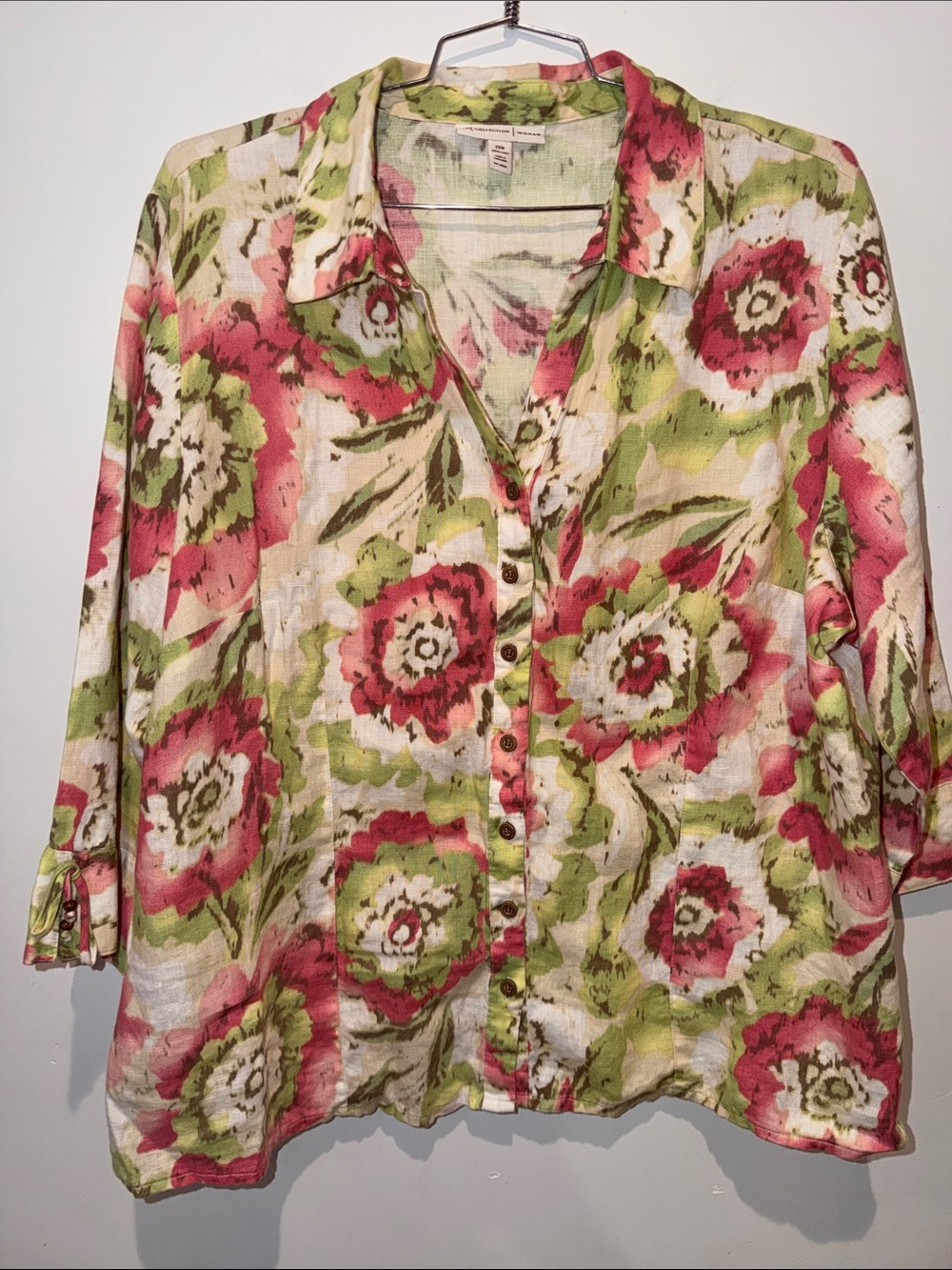 JM Collection 100% Linen Floral Button Down Top Women’s Size 22